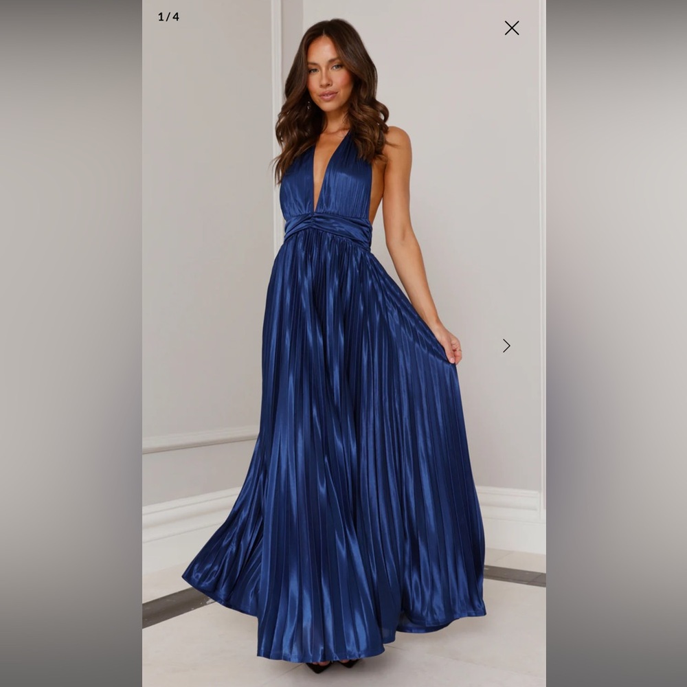 SHIMMERING SEA PLEATED HALTER MAXI DRESS NAVY (worn once)